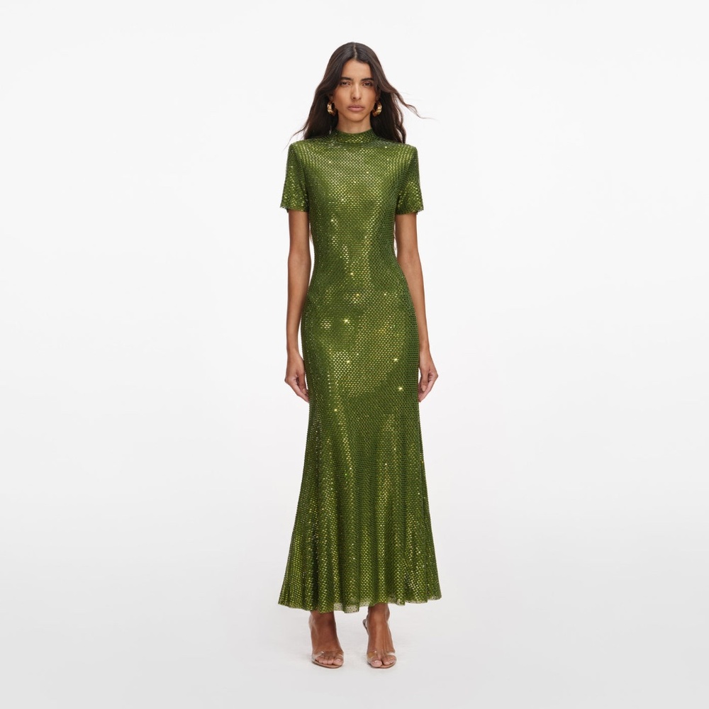 Self Portrait Olive Rhinestone Mesh Midi Dress